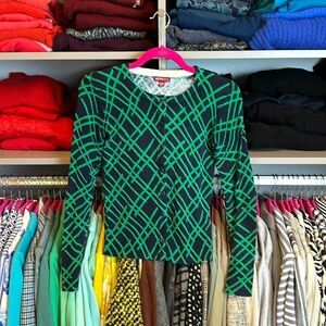 Merona green and navy print long sleeve button front cardigan size XS